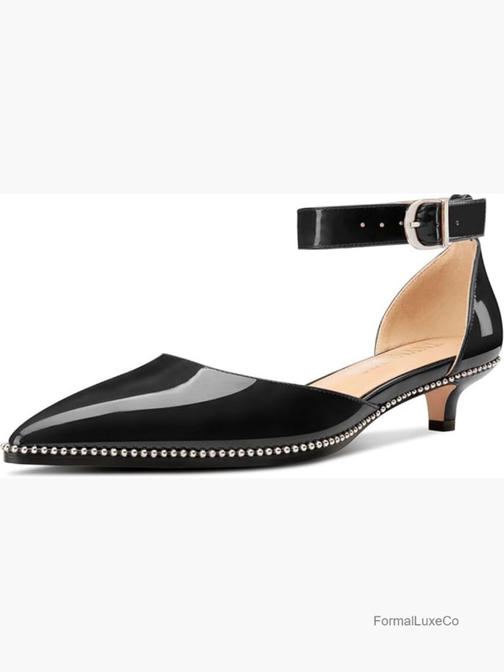 Women's Low Kitten Heel Pointed Toe Pumps Ankle Strap Silver Beaded Prom Heels